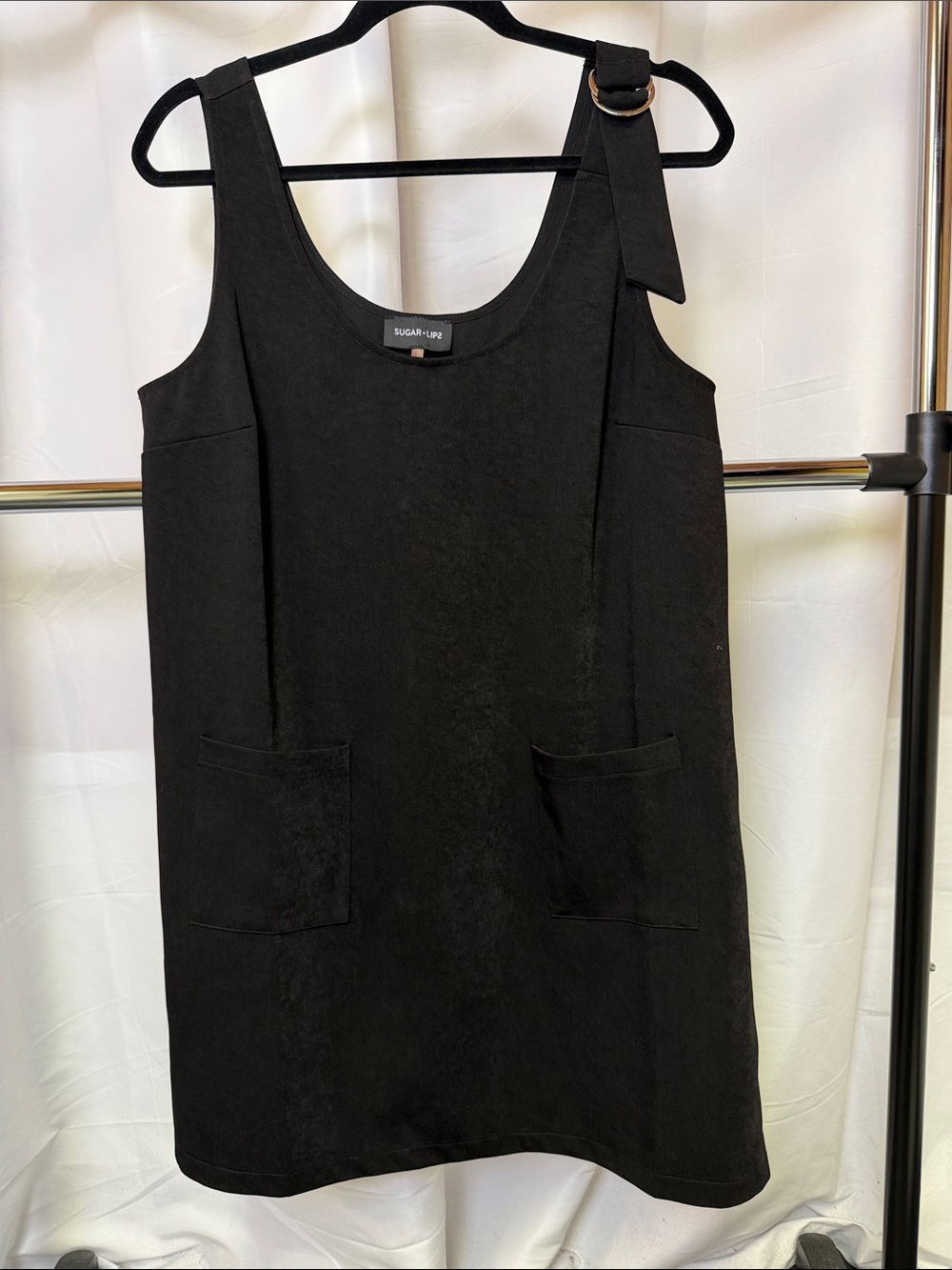 Sugar + Lips women’s Black Mini Dress with Ring-Detail Strap suede like fabric L